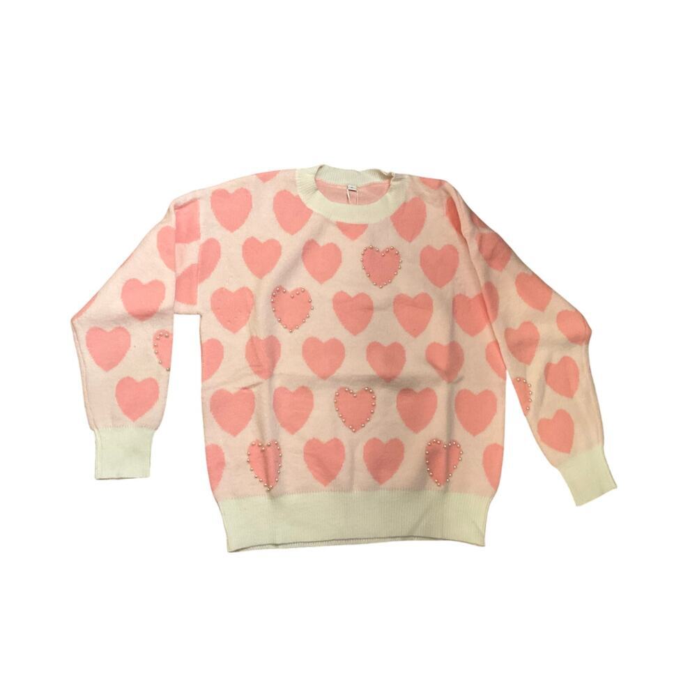 Womens Heart Acrylic Crewneck Sweater Knit Pullover Cream Pink Size XL NWT